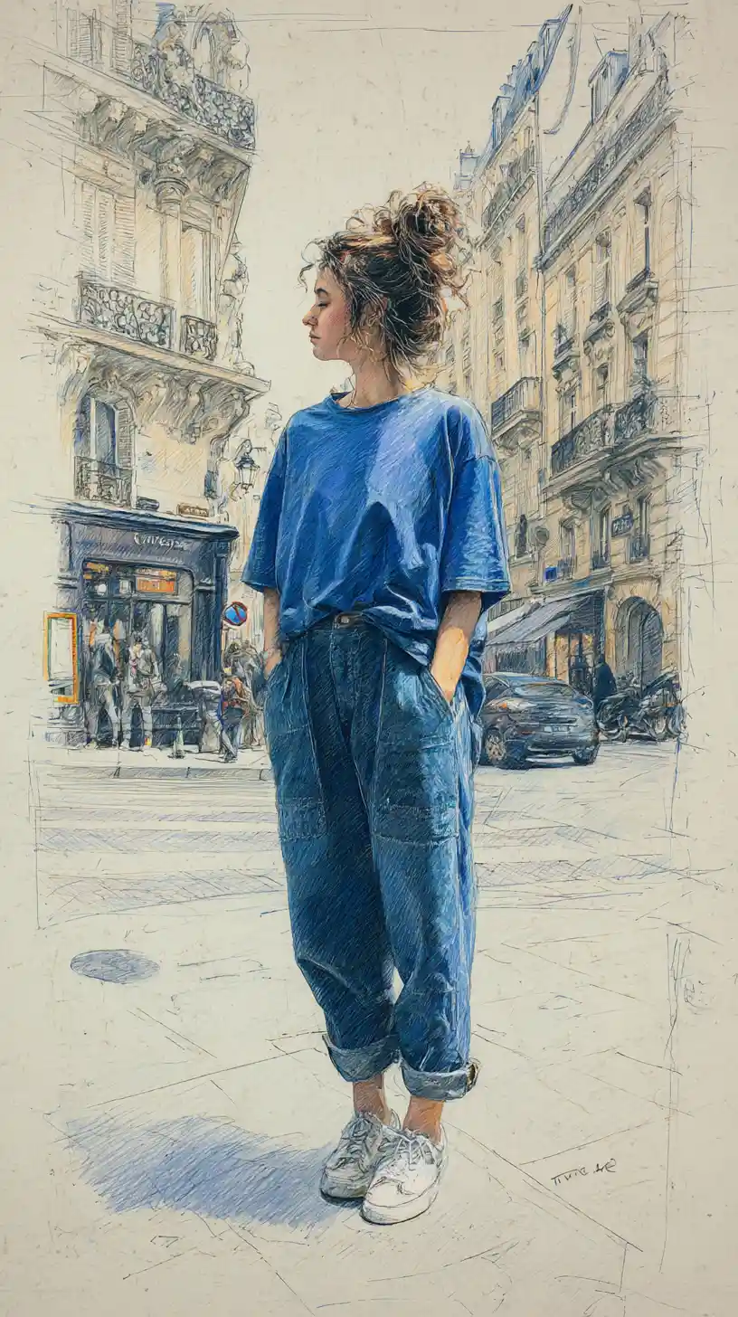Young woman in oversized clothes on a Parisian city street