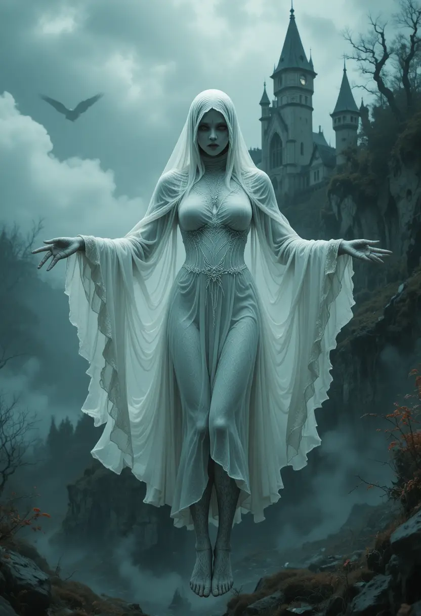 Ghostly Romanian strigoi woman floating before haunted castle