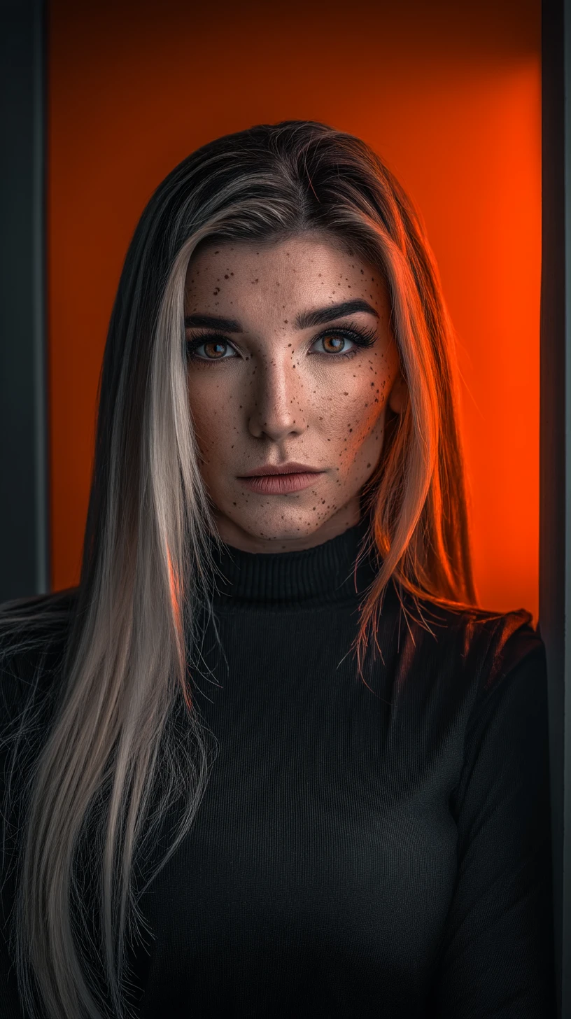 Intense fashion portrait of a blonde woman in black turtleneck
