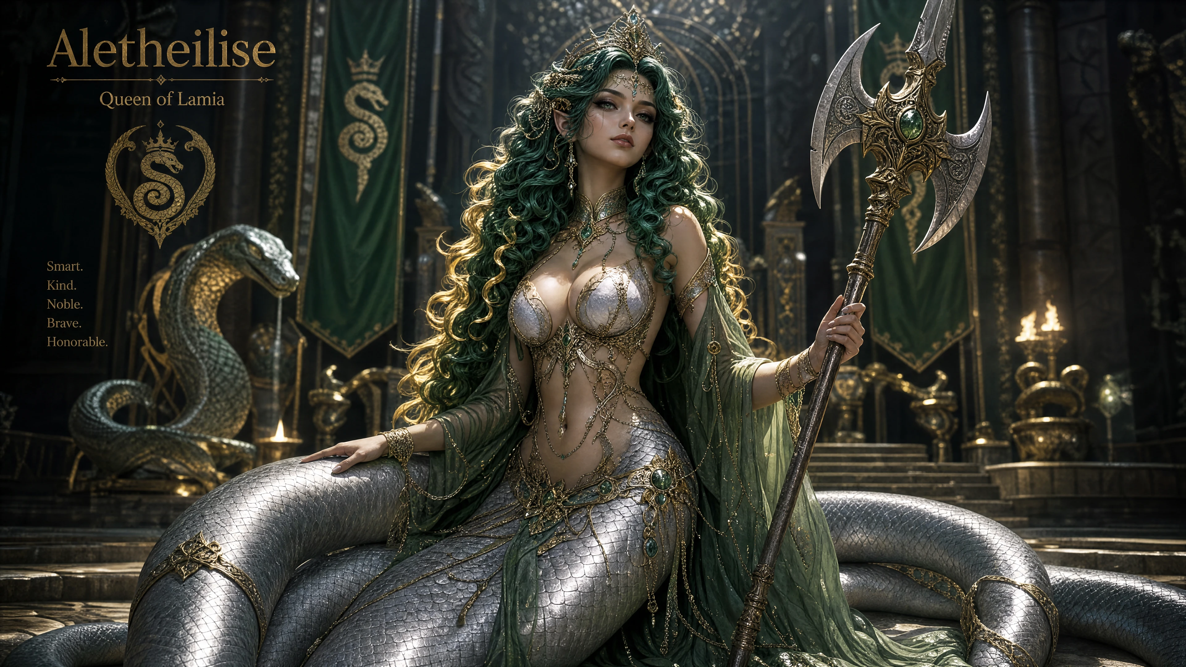 Regal silver lamia queen with golden green curls