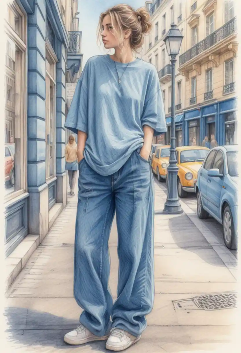 Young woman in oversized clothes on a Parisian city street