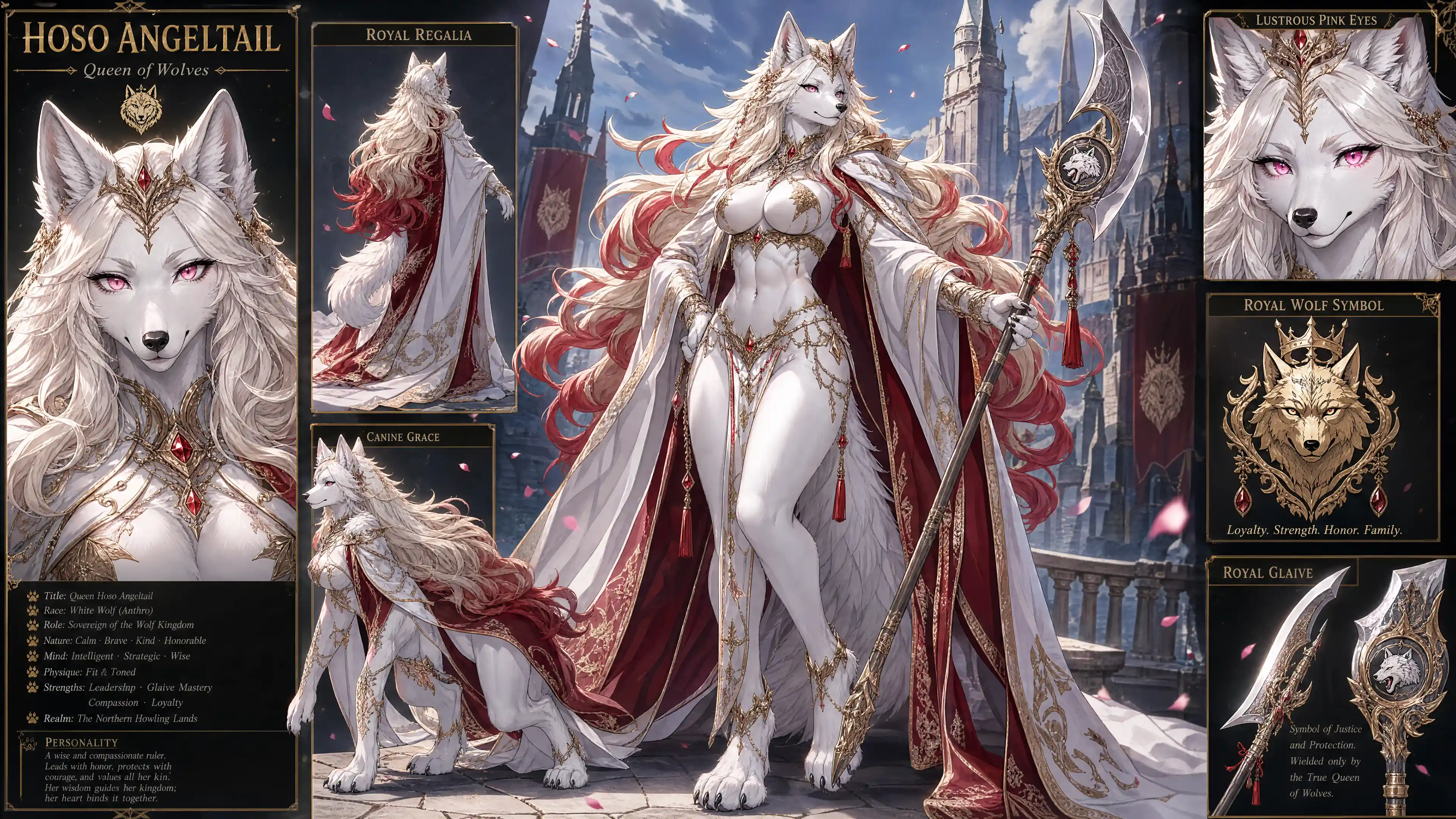 Regal white anthro wolf queen with golden red hair