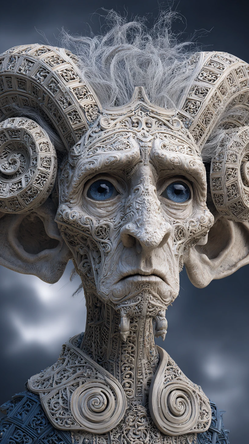 Surreal Gothic Portrait Of Melancholic Engraved Humanoid Creature