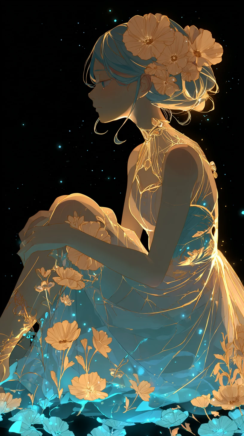 Chica de anime en ilustración de fantasía floral brillante