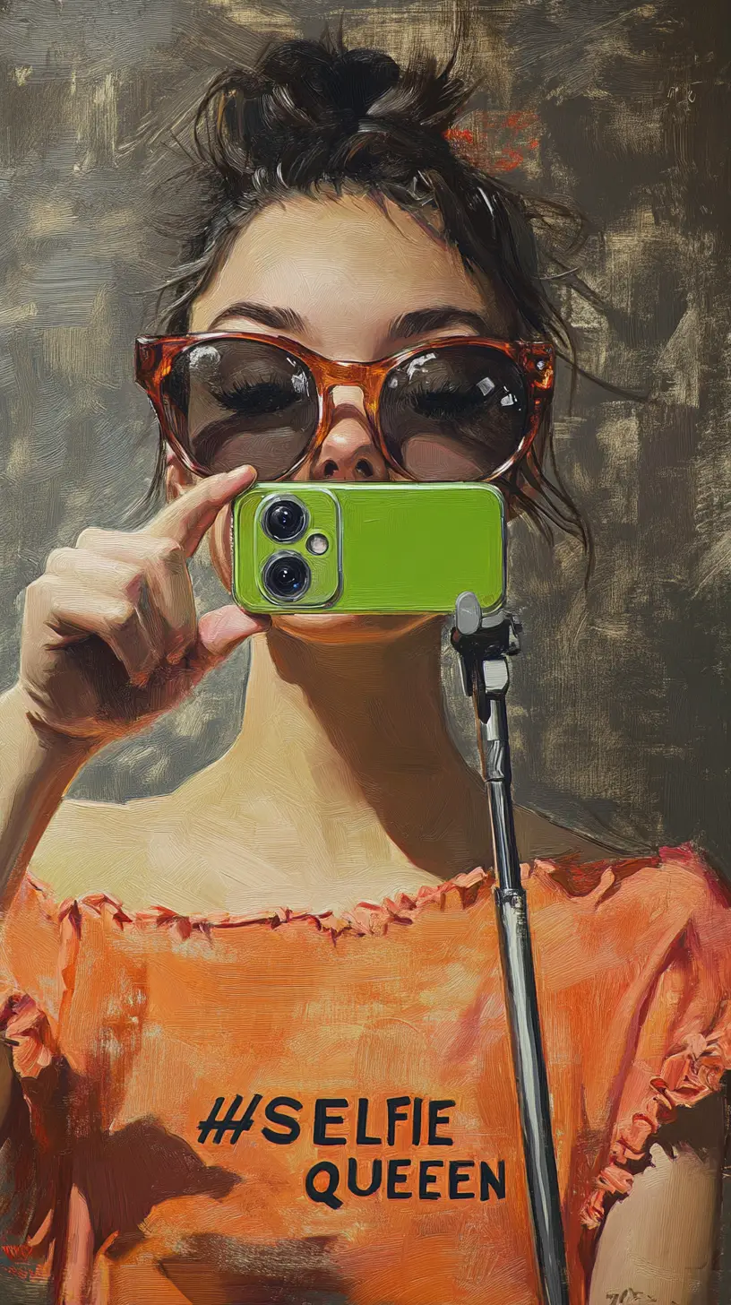 Caricature selfie girl with selfie stick and neon phone