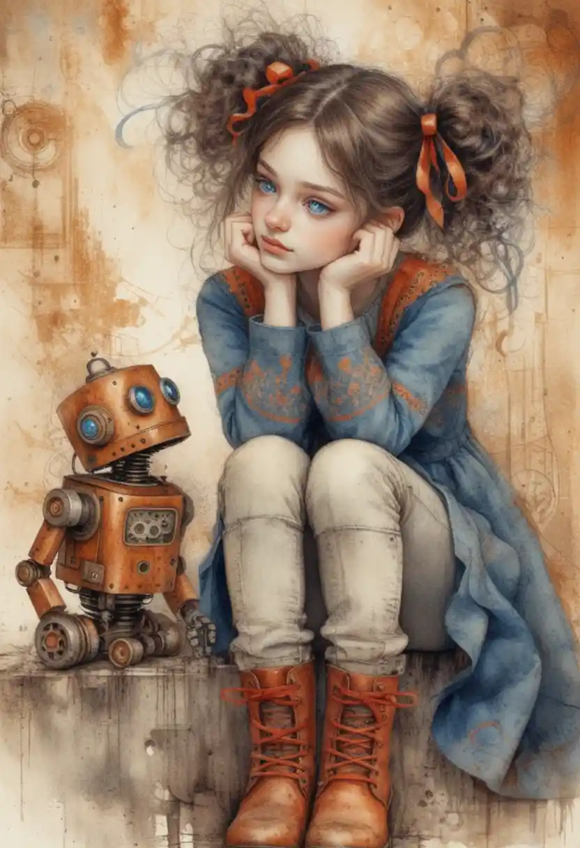 Girl with vintage robot in tender storybook scene
