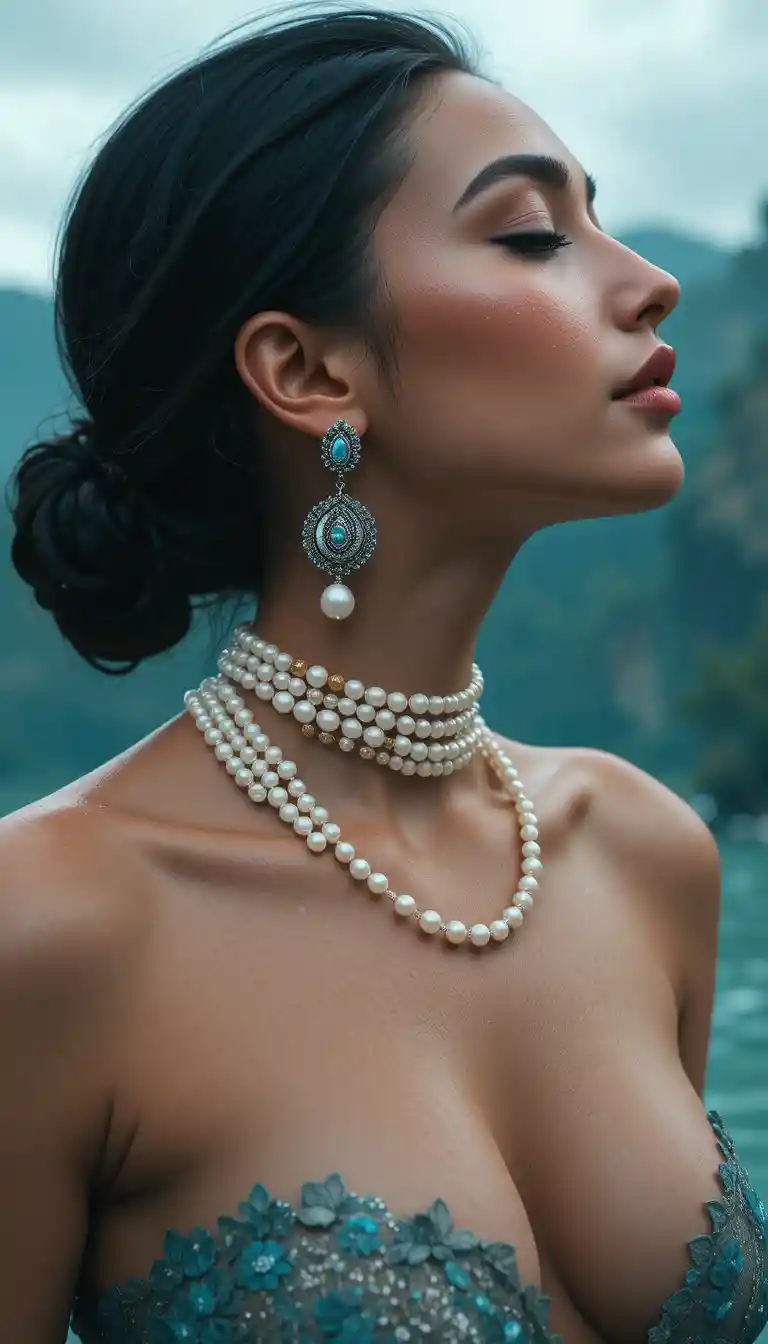 Close up portrait of woman with pearls in humid summer heat