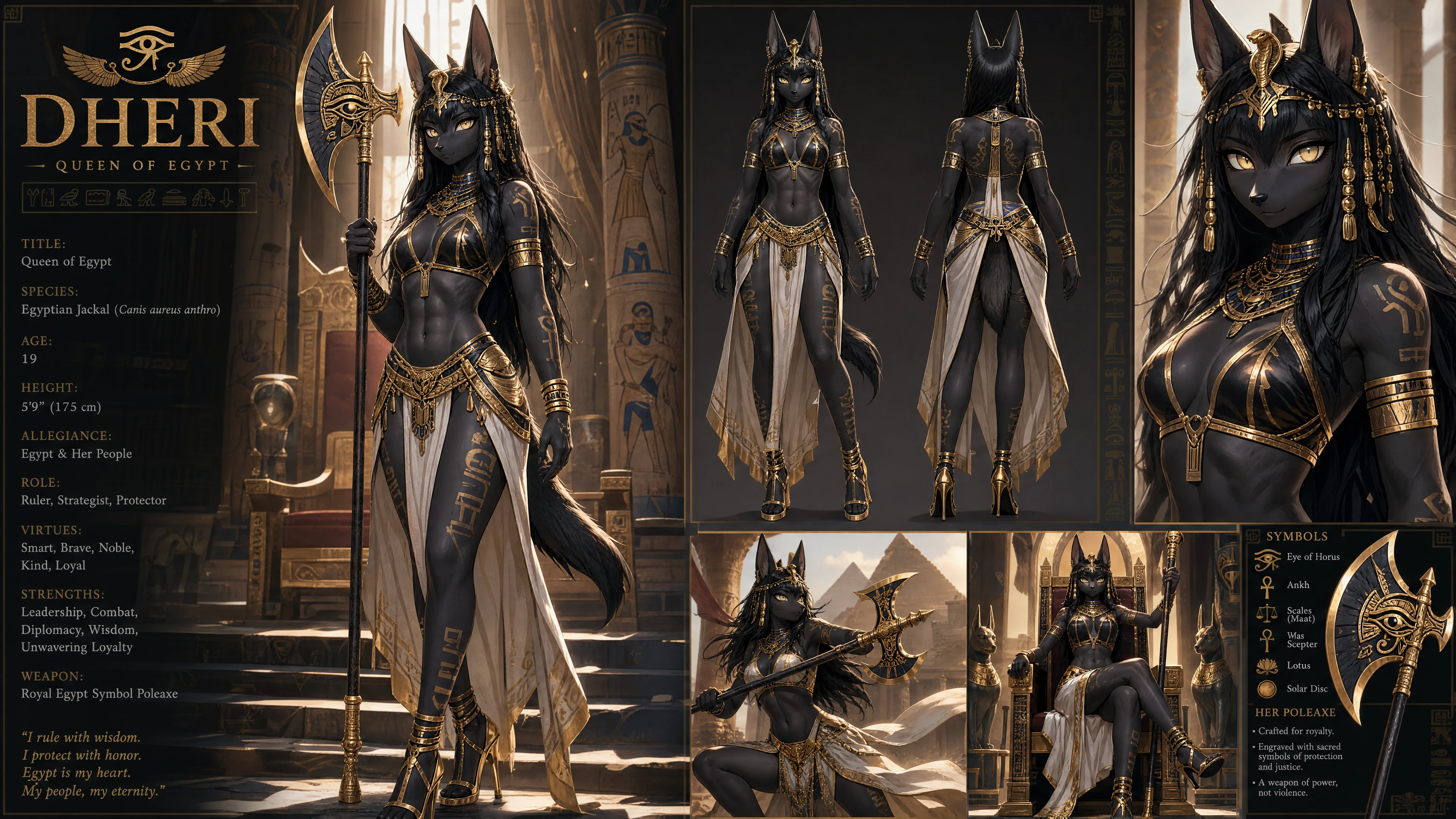 Egyptian jackal queen in regal garments with poleaxe
