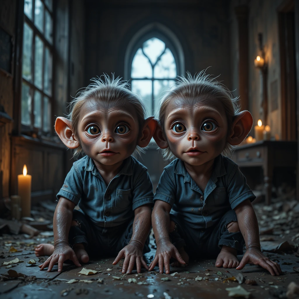 Two injured baby monkeys in a haunted abandoned house
