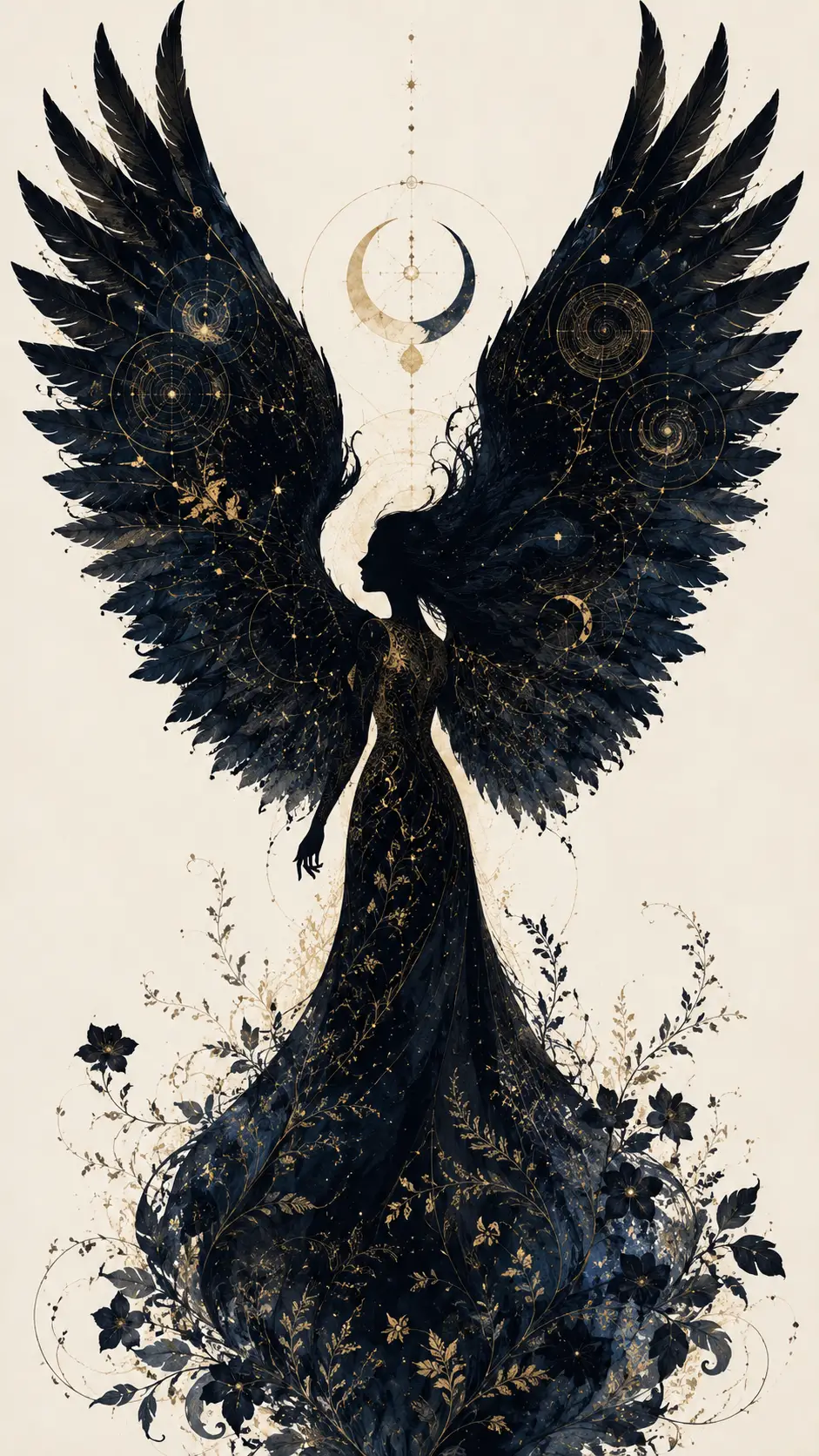 Silhouetted woman with raven wings and celestial botanicals