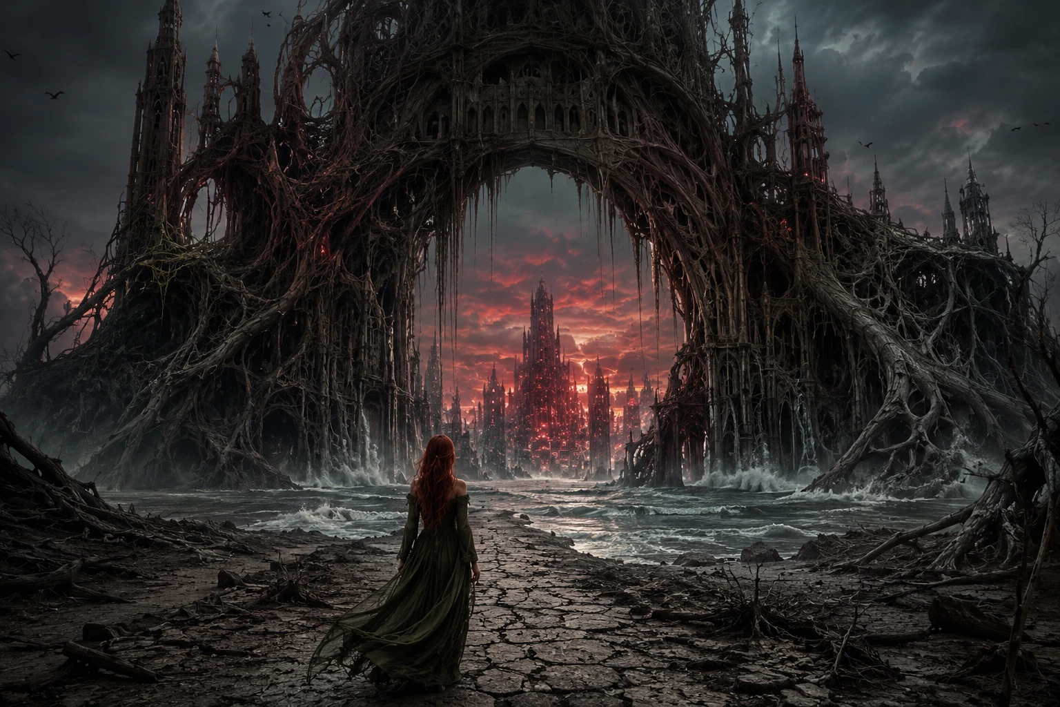 Woman in green dress faces colossal organic archway