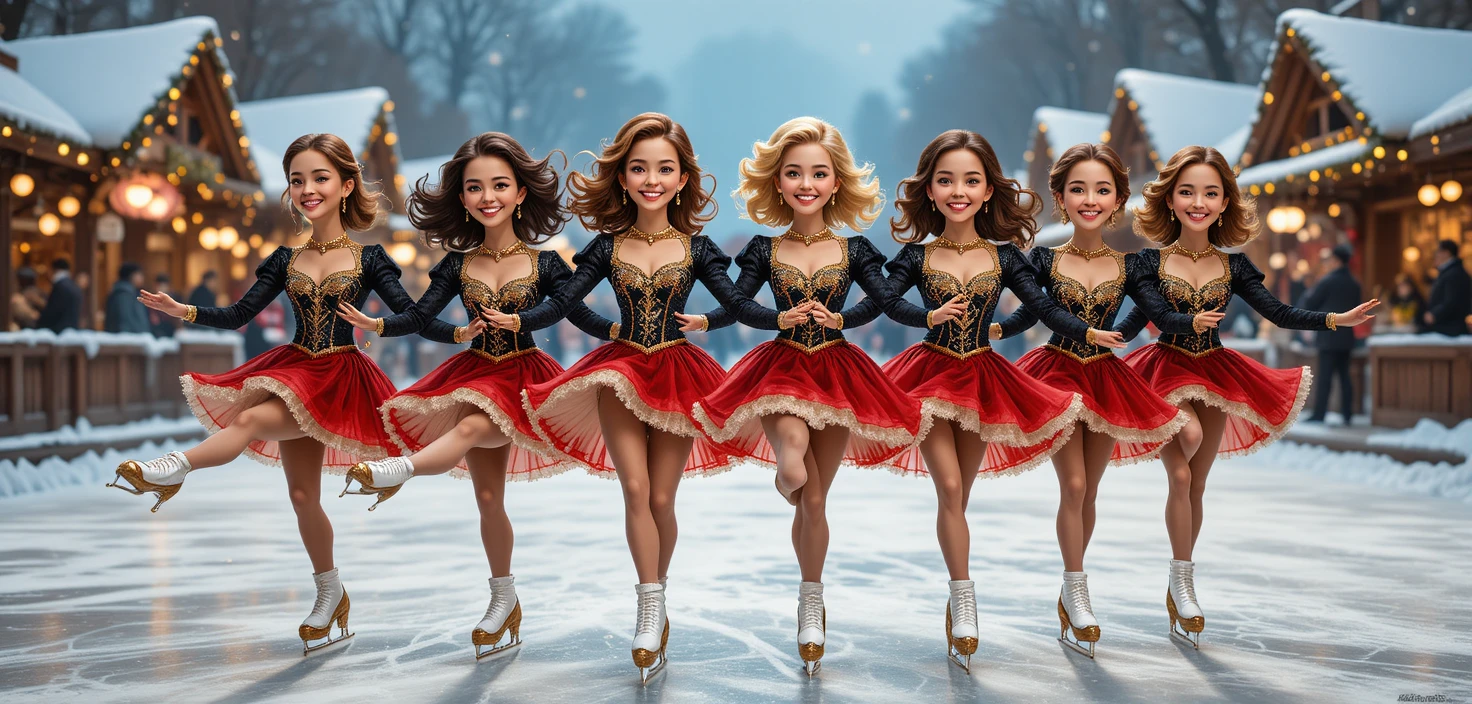 Young women in vintage skating costumes kick line performance