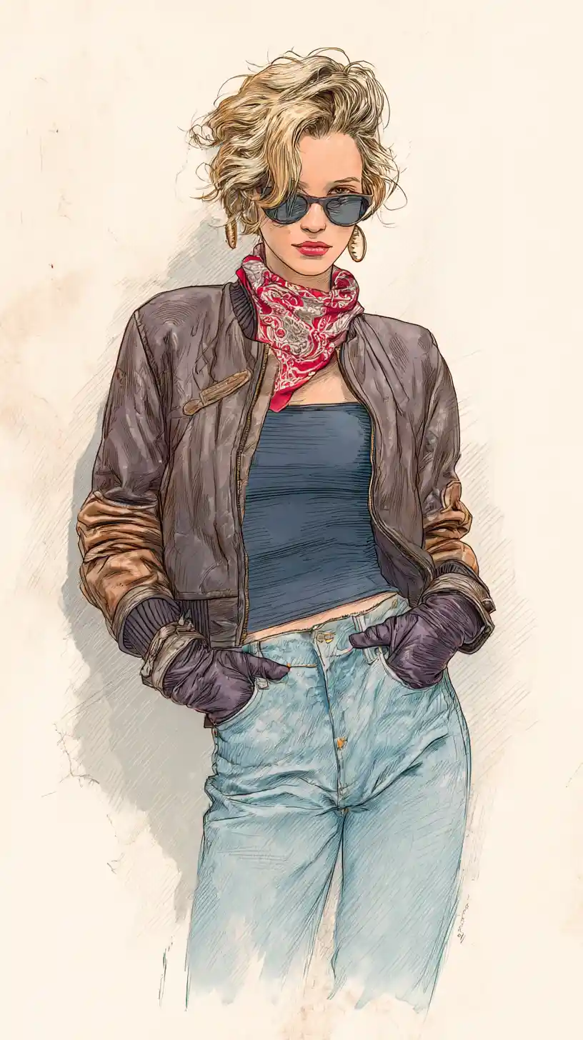 Confident young woman in leather jacket fashion illustration
