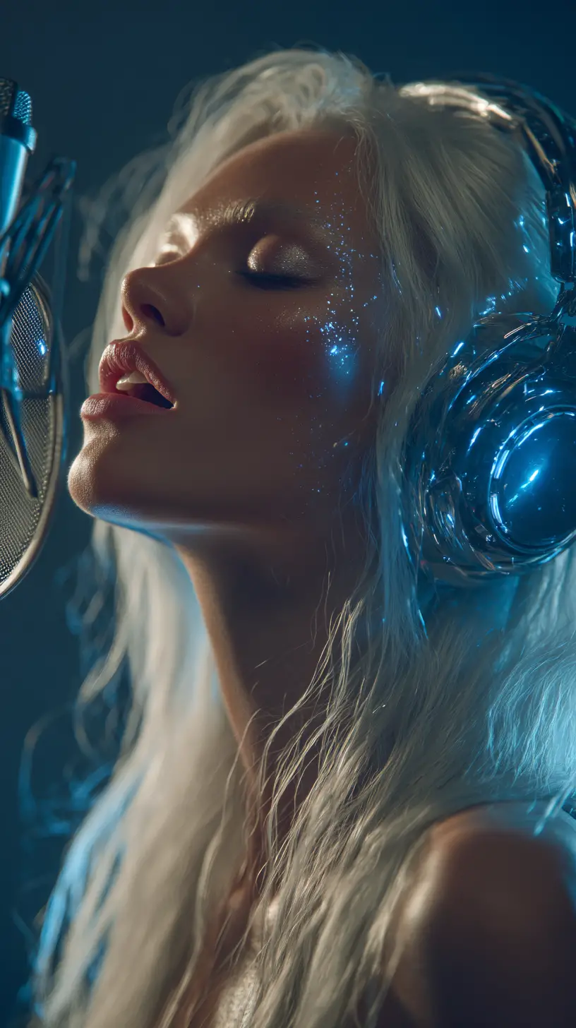 Ecstatic woman singing with headphones at studio microphone