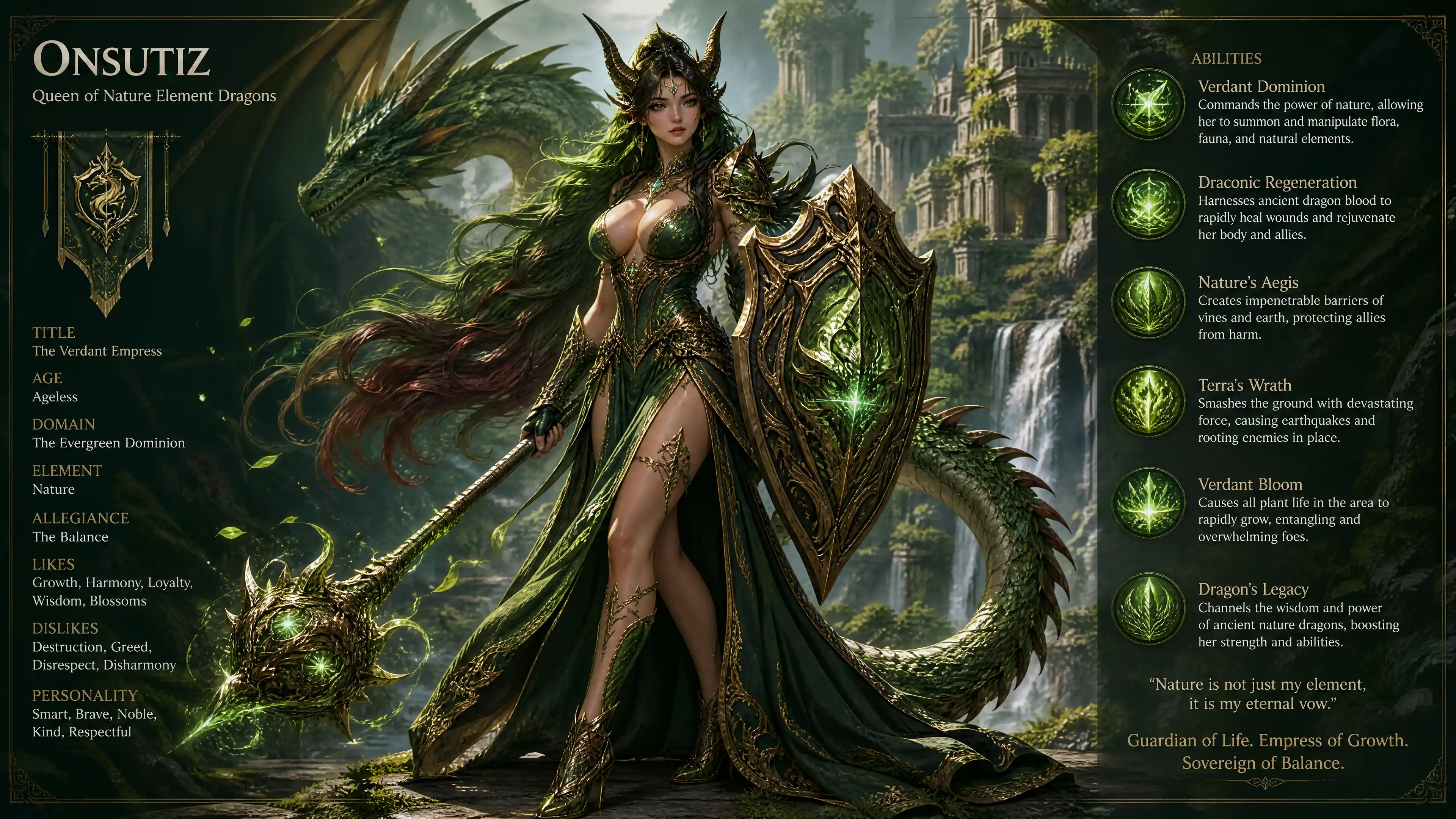 Nature dragon queen with mace and shield in regal attire