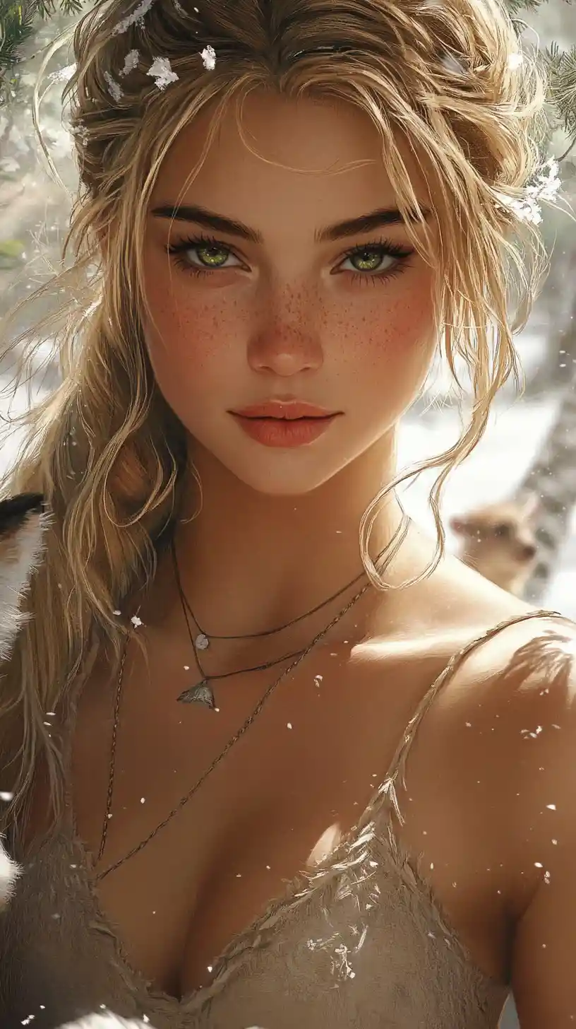 Freckled green eyed girl in a boho dress feeding animals