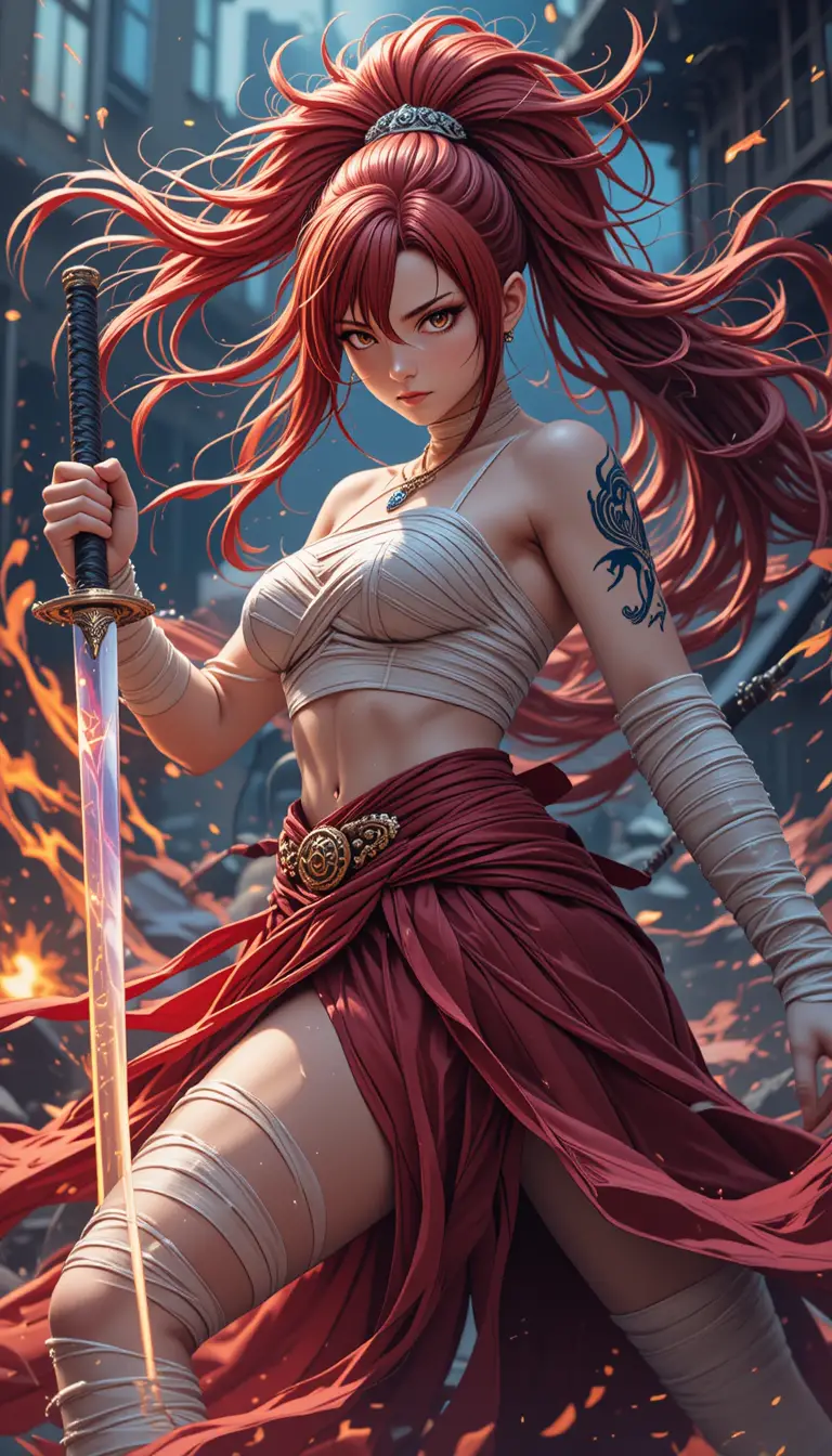 Flame empress warrior with glowing katana in battle stance