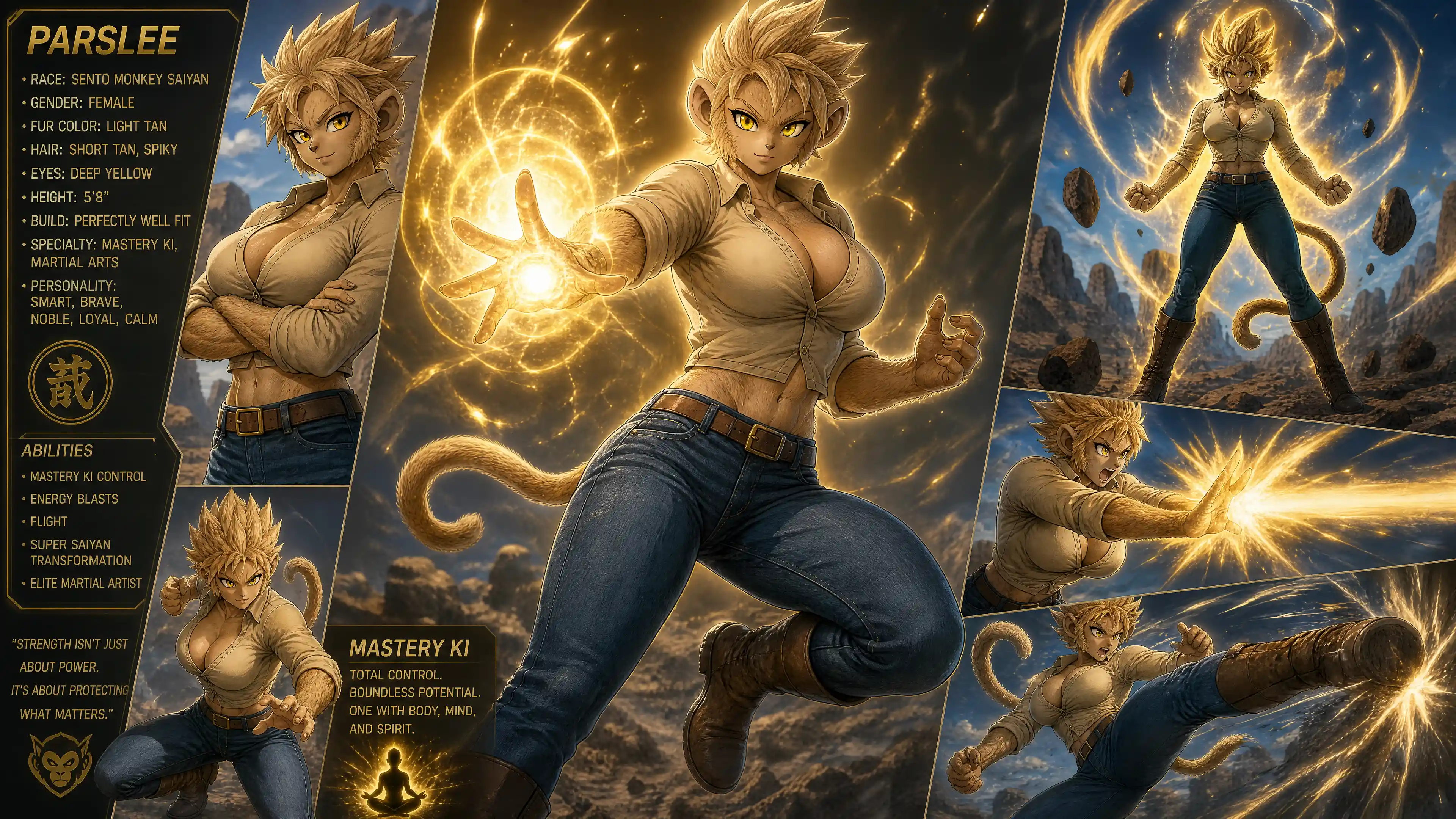Strong anime warrior woman in casual modern outfit