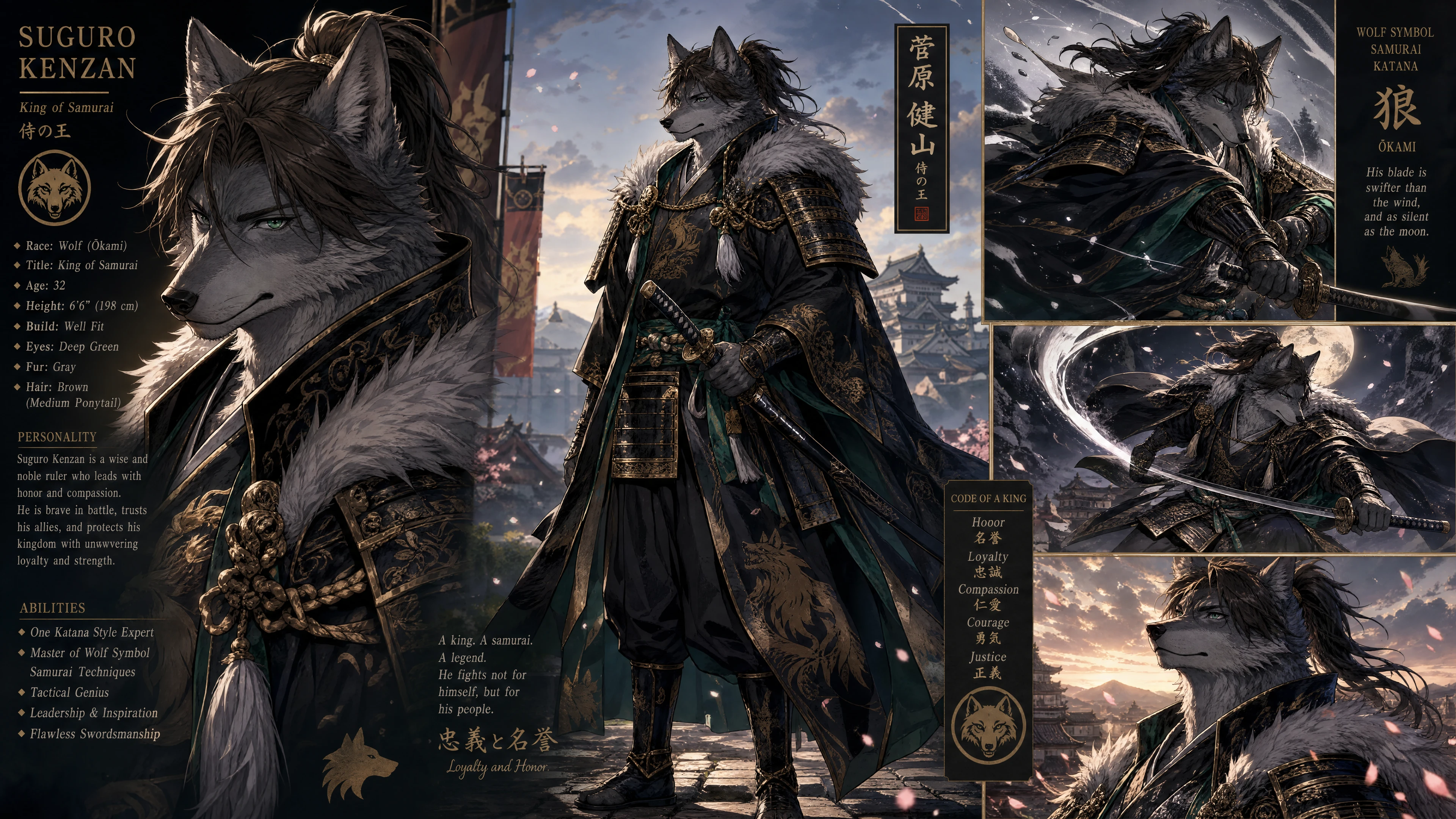 Anthro wolf samurai king in royal armor standing proudly