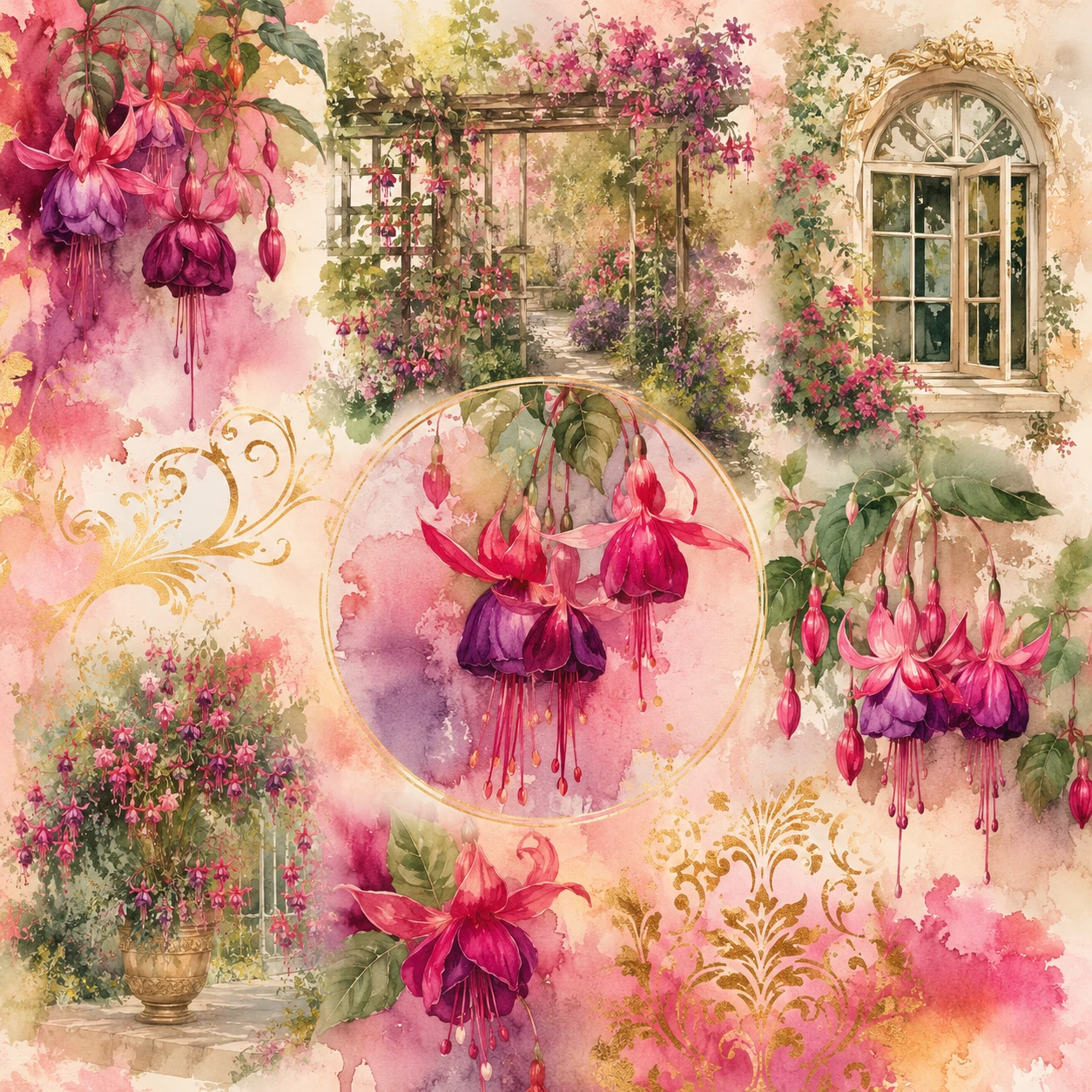 Watercolor moodboard of fuchsia flowers in a garden