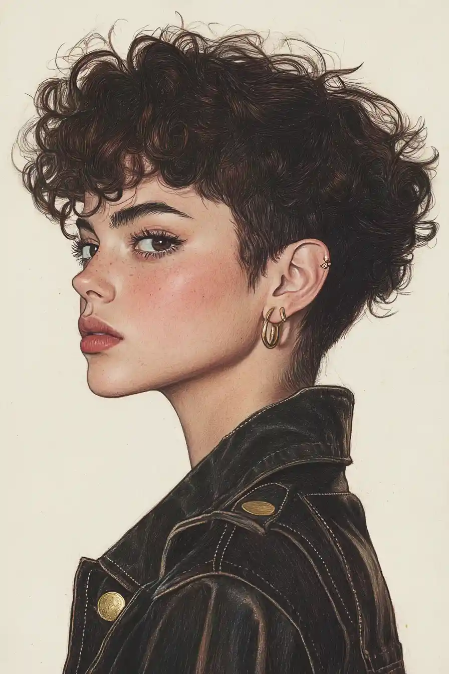 Confident young woman portrait in ink and colored pencil