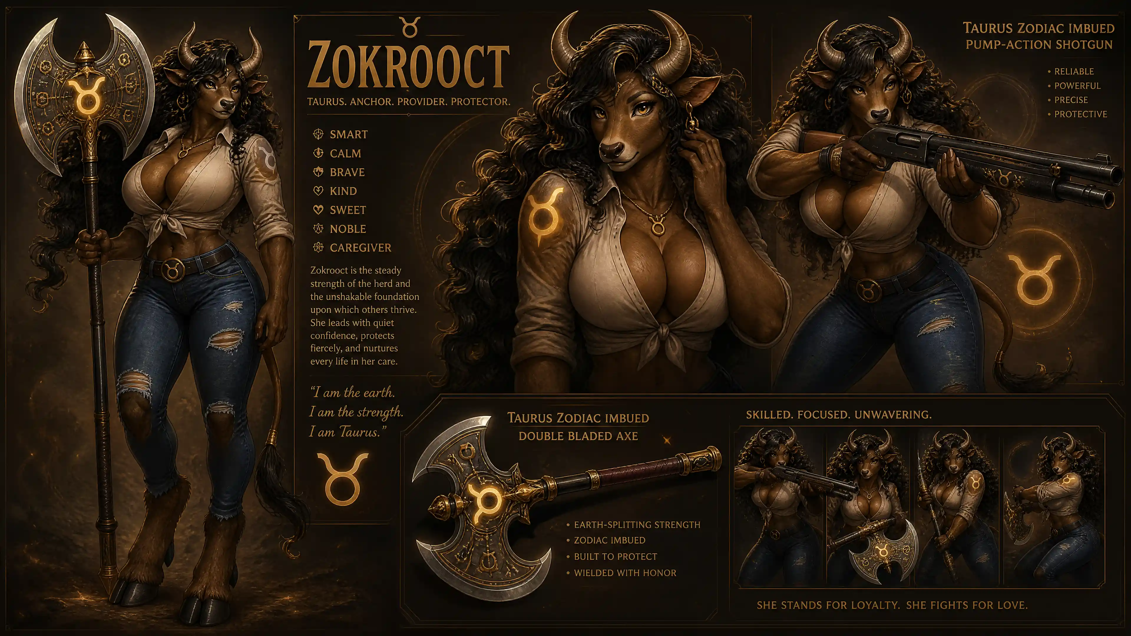 Strong taurus anthro woman with axe and shotgun