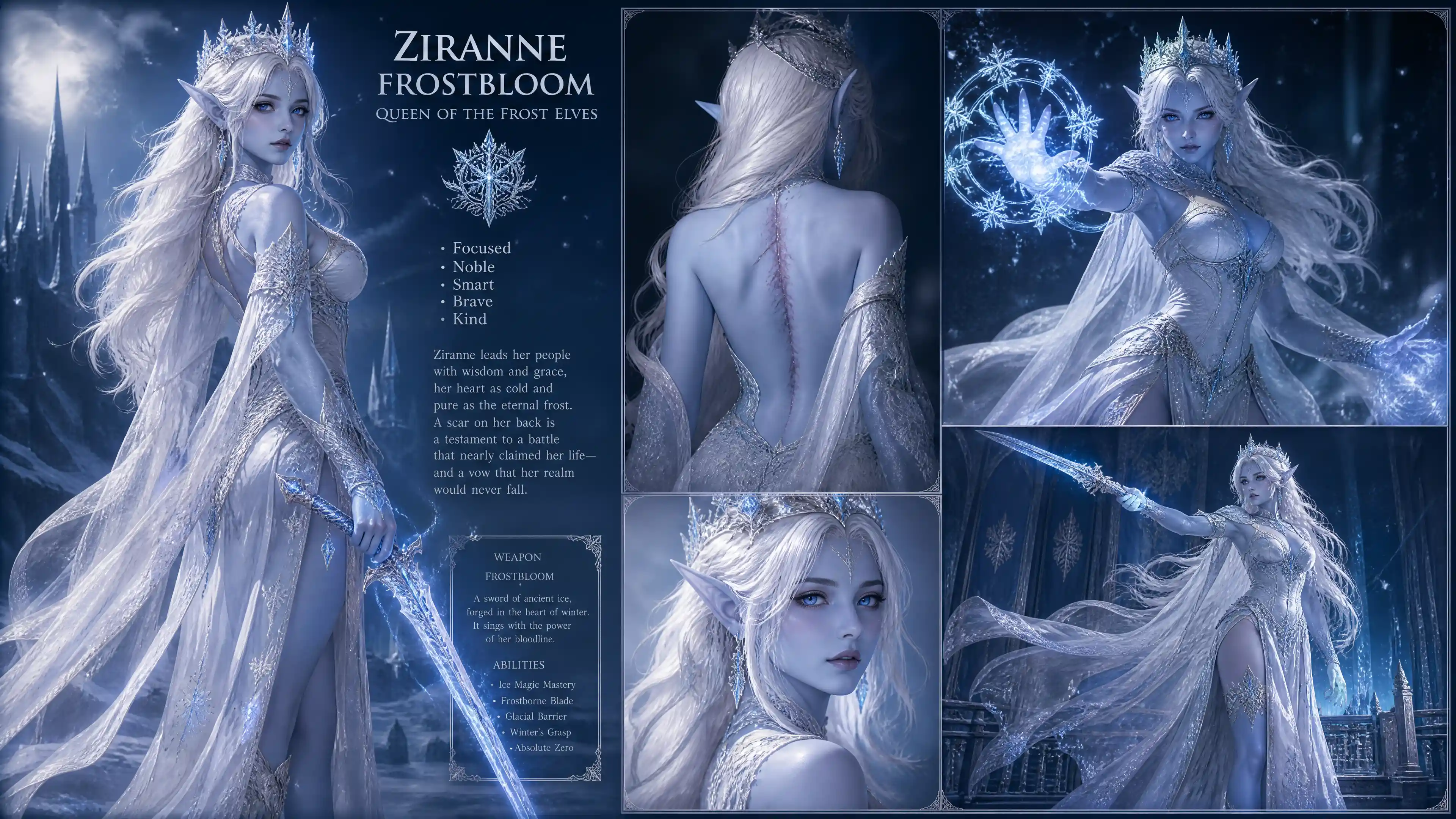 Ice elf queen with sapphire eyes and magic sword