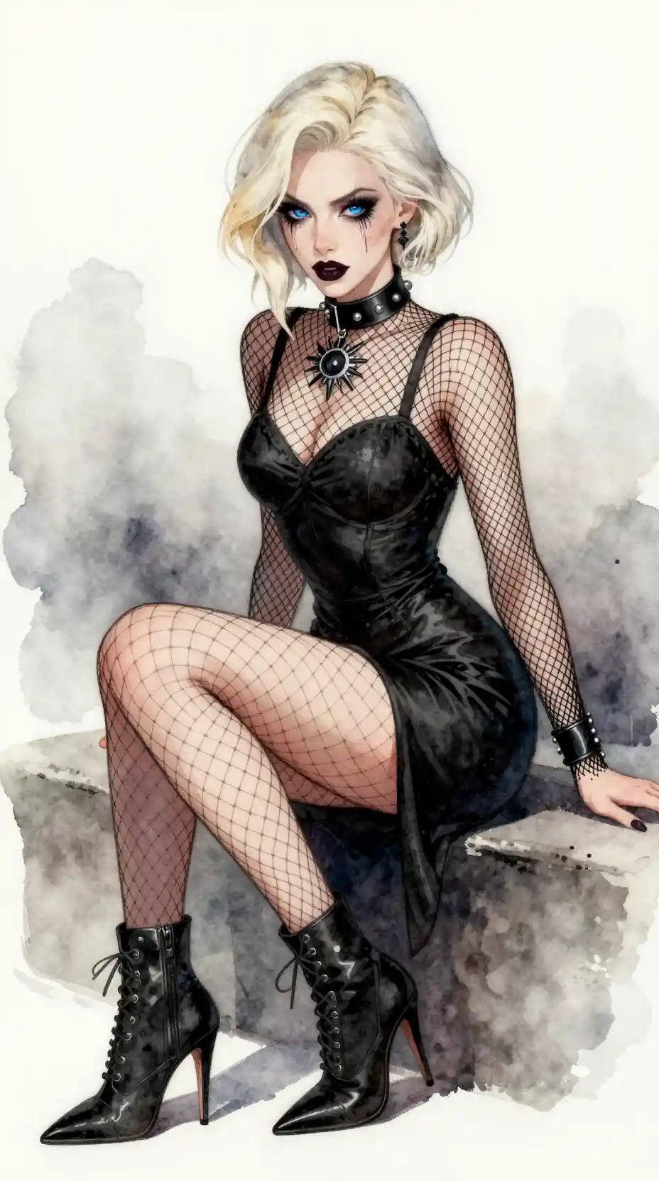 Gothic woman in black dress with smeared dark makeup