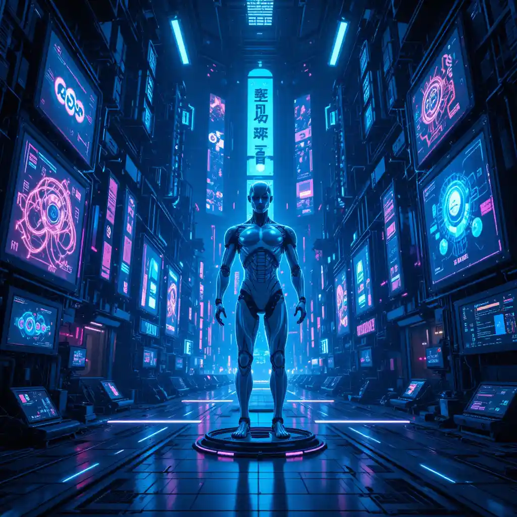 Futuristic android in neon cyber city with holograms