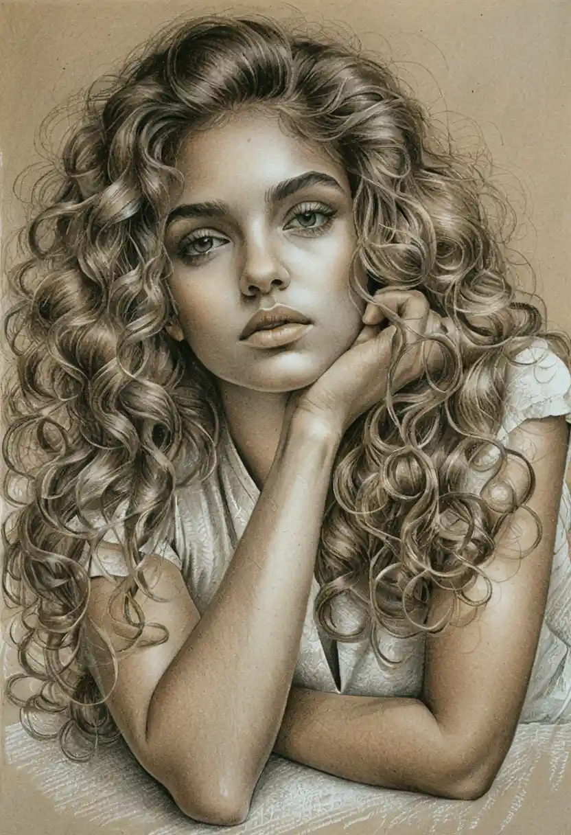 Charcoal pencil portrait of a young woman resting on her arms