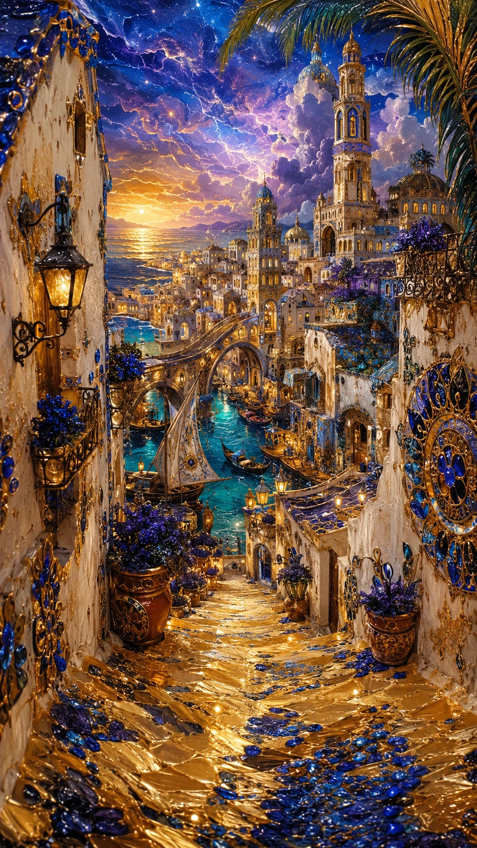 Ciudad de canales mediterránea fantástica en cera escultórica brillante