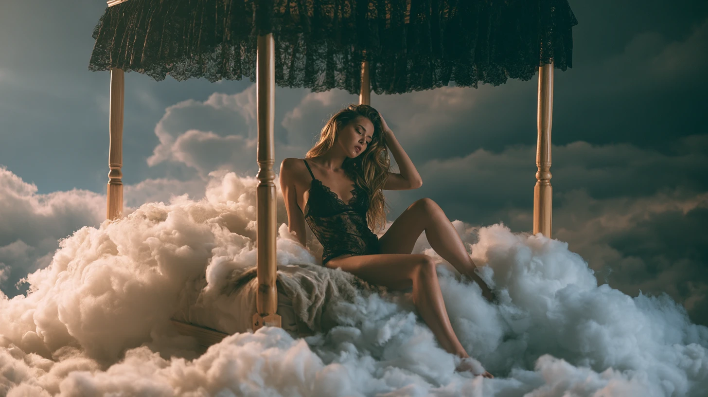 Dreamy young woman on a four poster bed in clouds