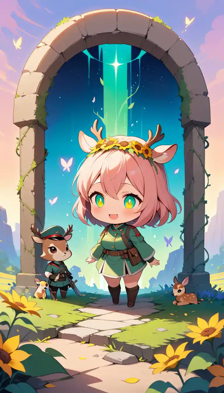 Chibi-Soldatenmädchen, das auf einem blühenden Schlachtfeld lächelt