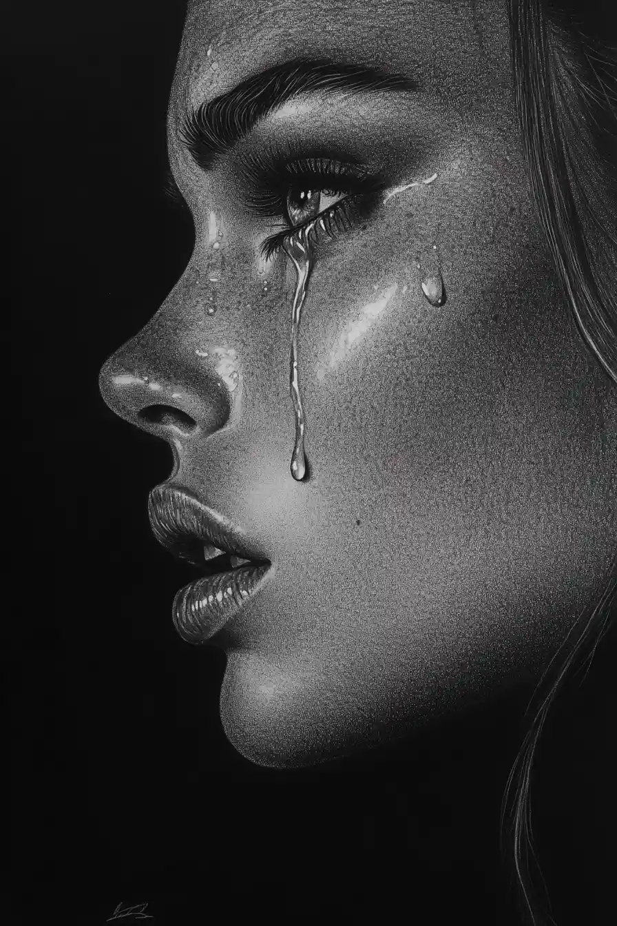 Charcoal profile portrait of a crying woman in close up