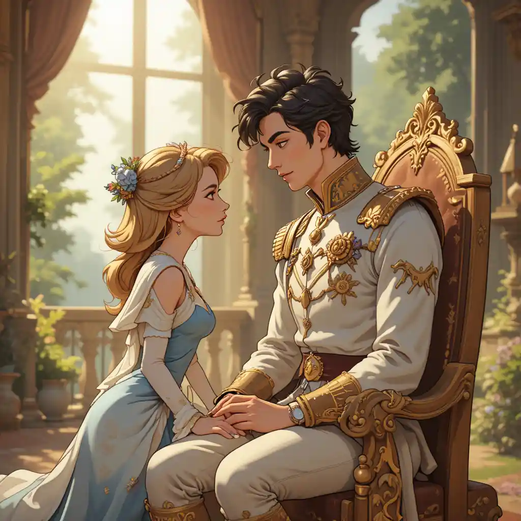 Cartoon prince on a throne facing a servant on his lap
