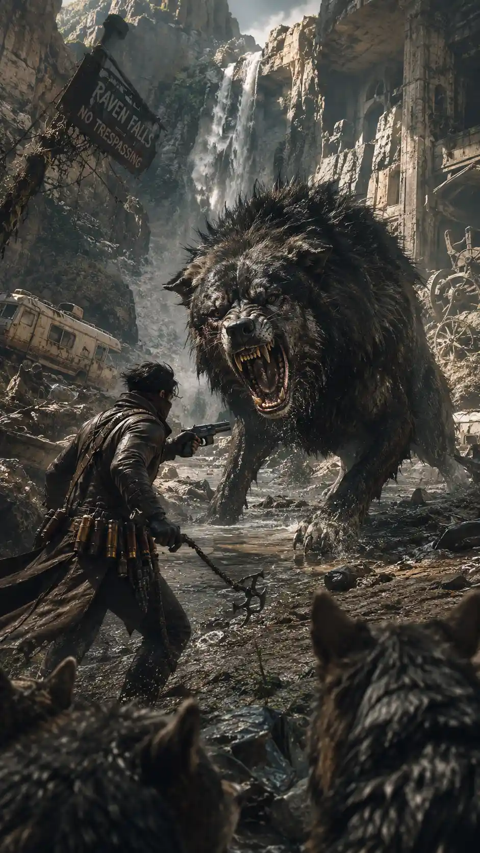Gigantic dire wolf confronting lone hunter by rocky riverside