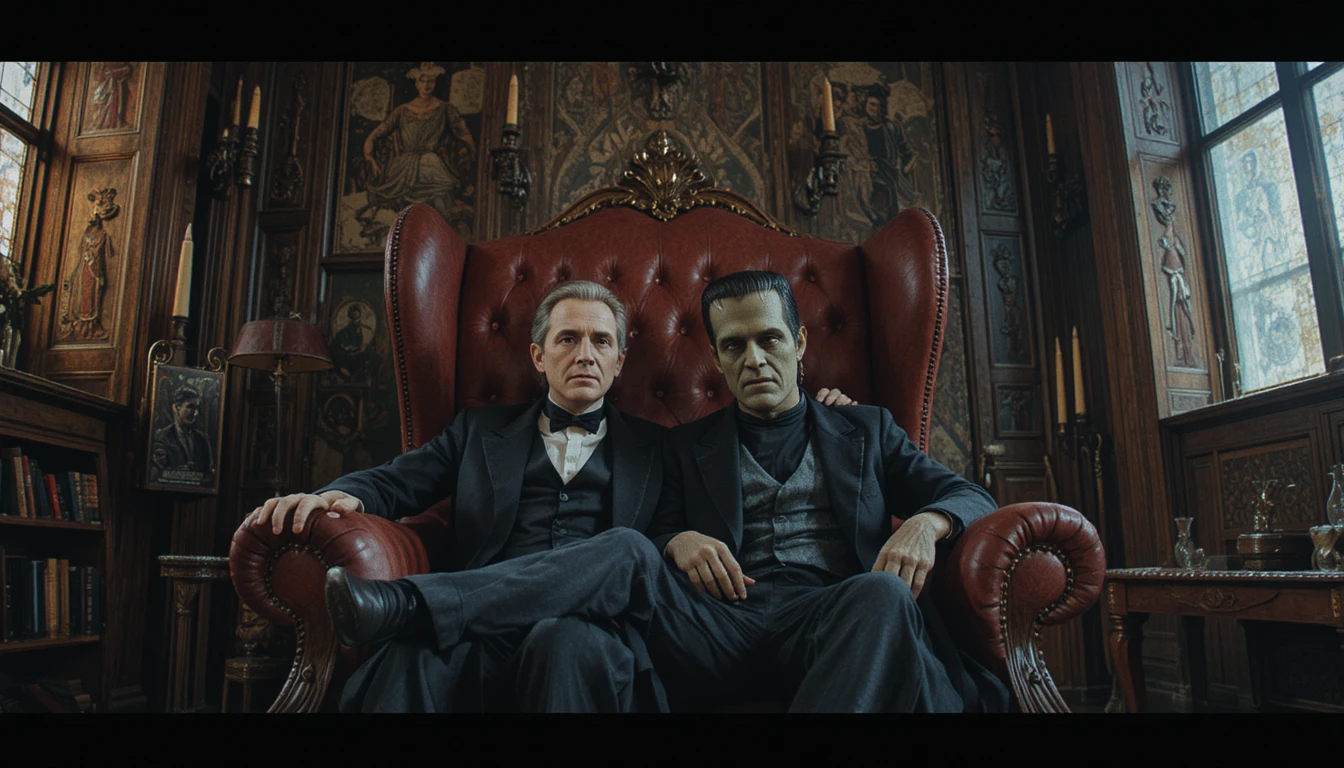 Two classic monsters seated in a worn leather armchair