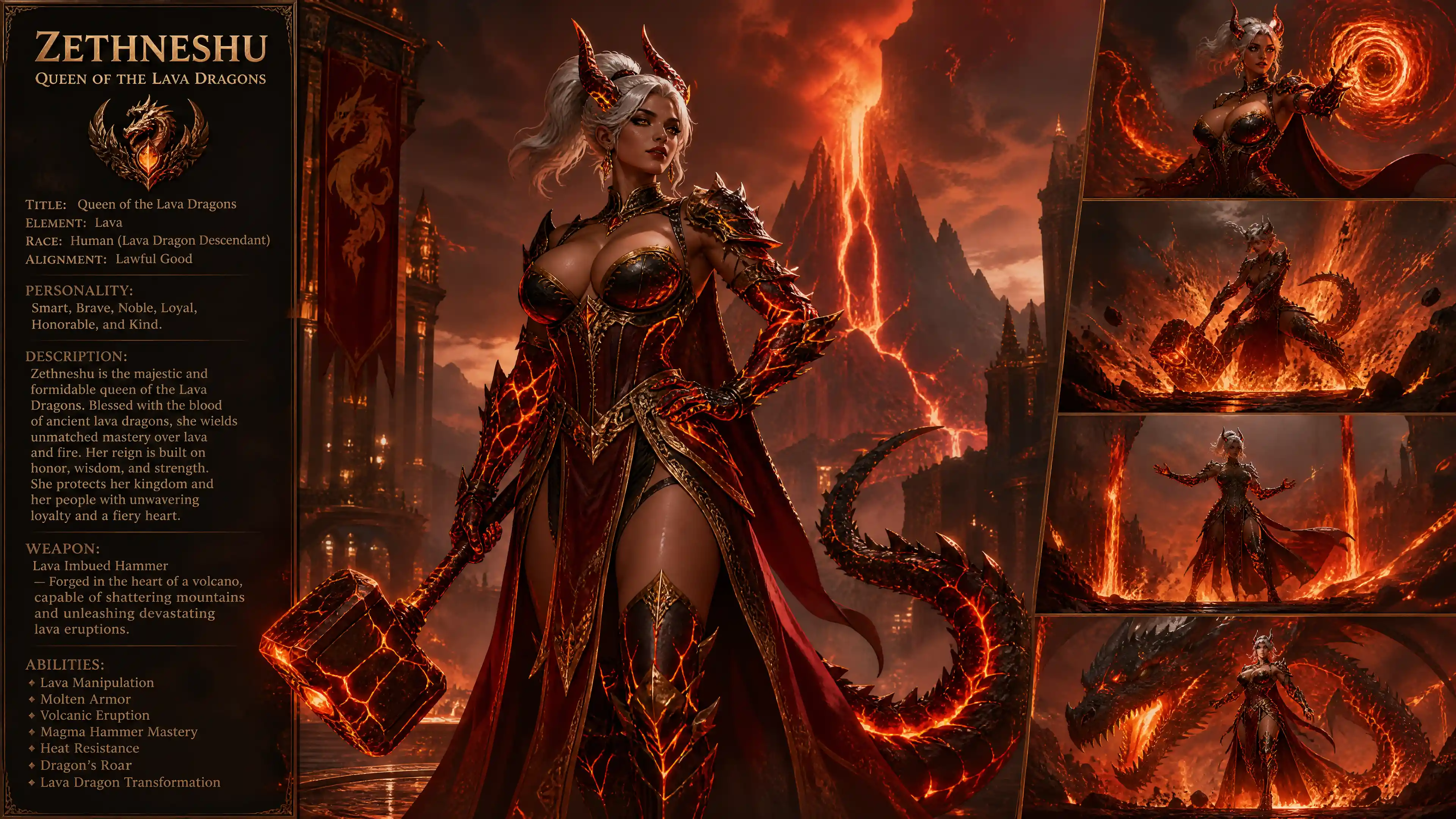 Noble lava dragon queen with hammer and royal armor
