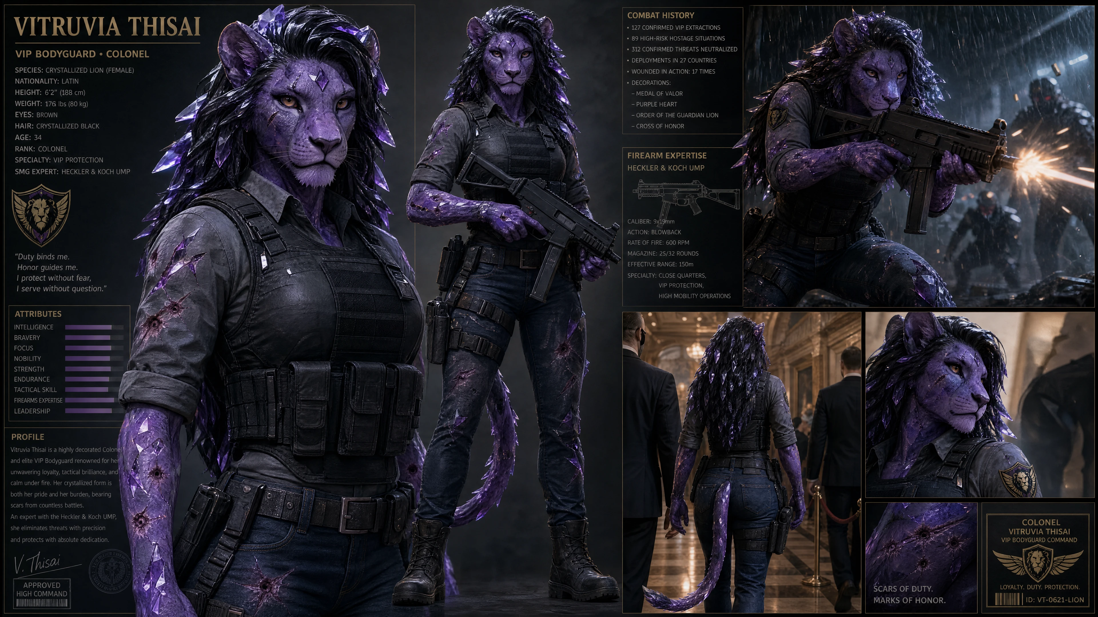 Purple lion anthro bodyguard woman in tactical armor