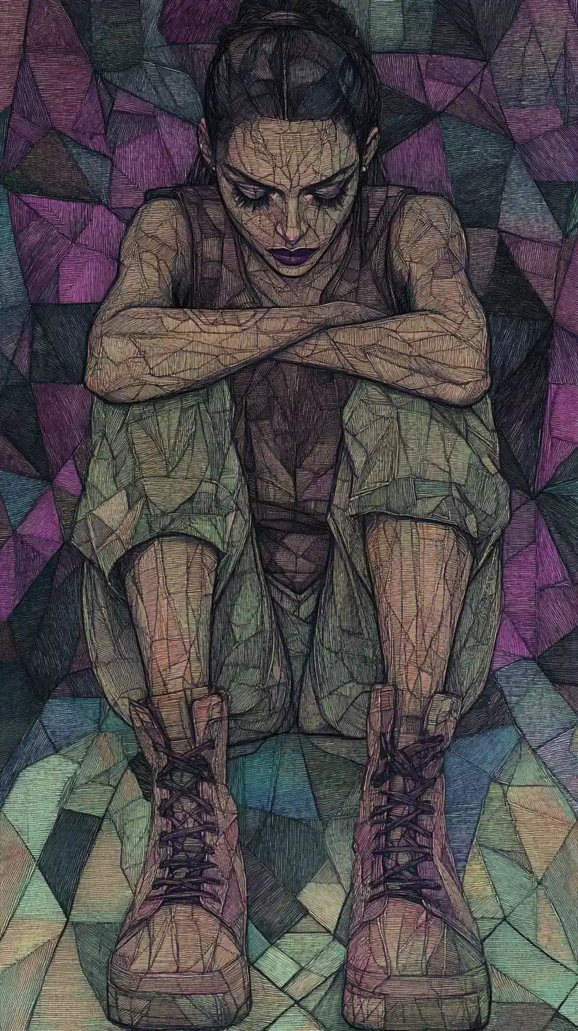 Mujer en mosaico geométrico sentada con las piernas cruzadas