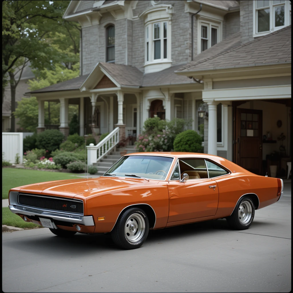 Rust orange 1967 muscle car parked by a Victorian house