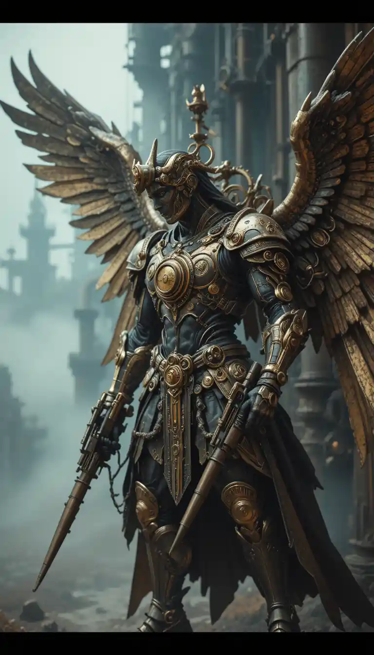 Steampunk angel warrior amid towering industrial machinery