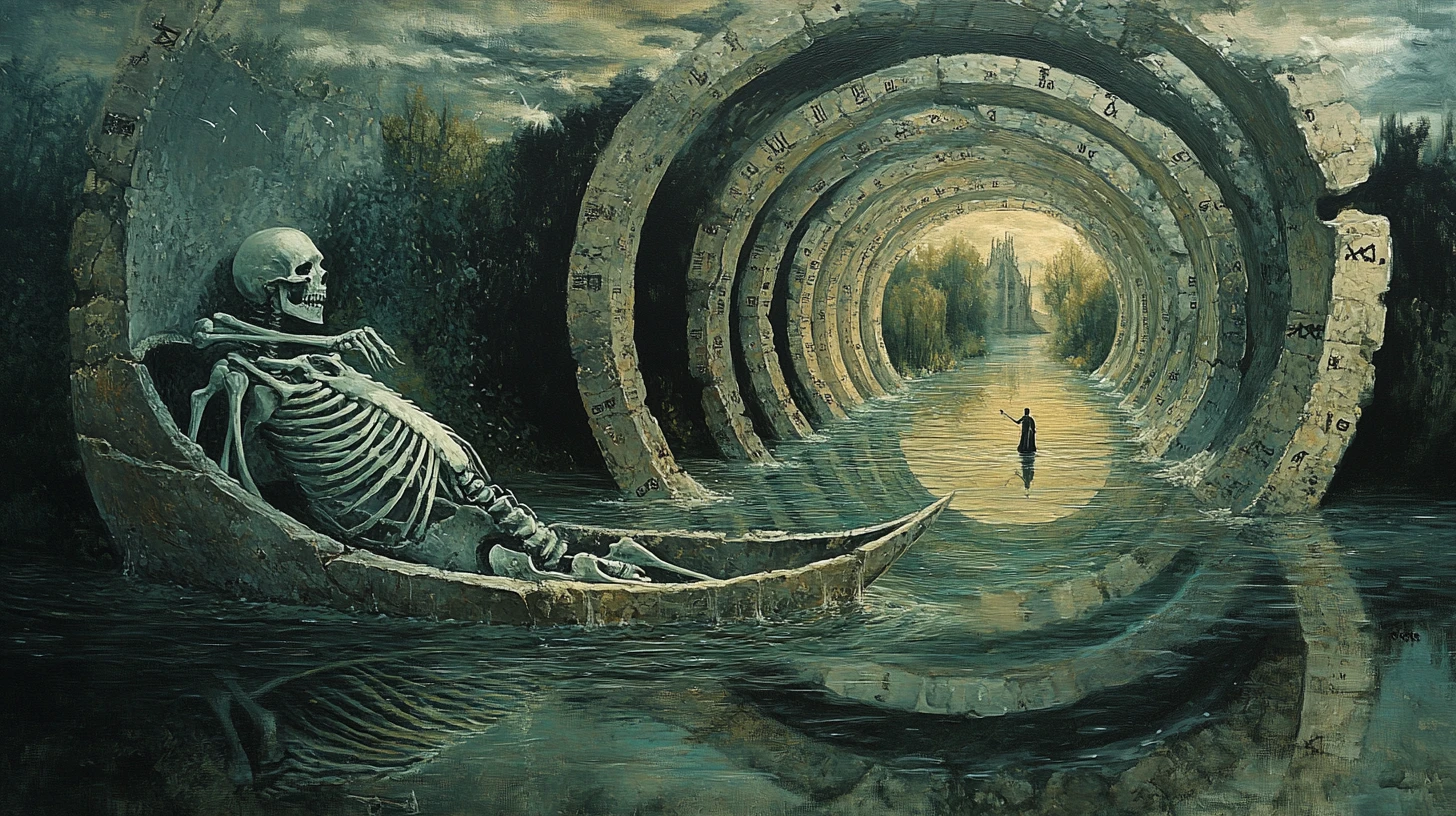Surreal skeletal boat looping through spiraling river of clocks