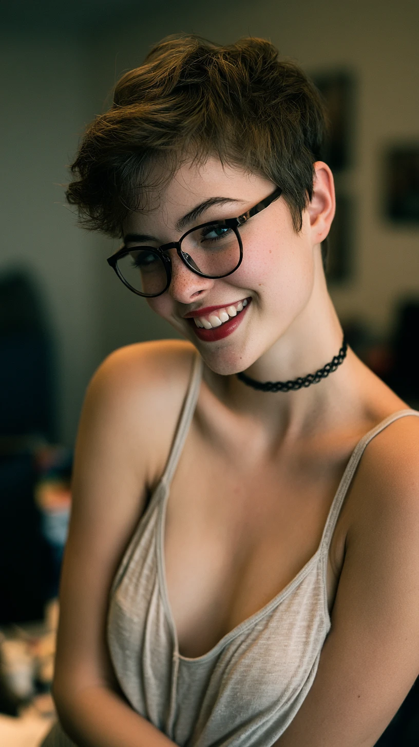 Young woman in glasses leaning forward in office