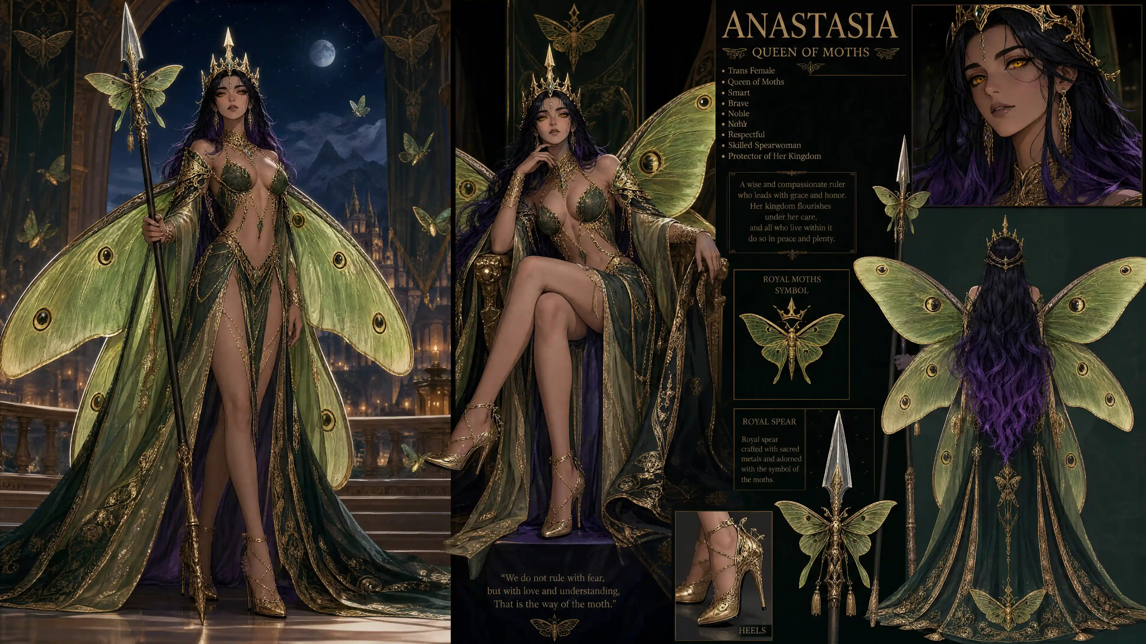 Regal moth queen with green wings and midnight blue hair