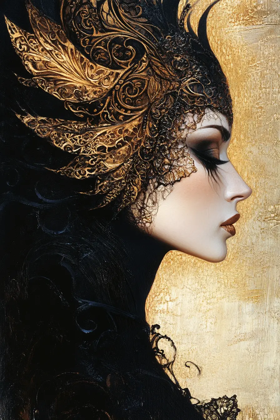 Surreal mythological woman portrait in warm earthy tones