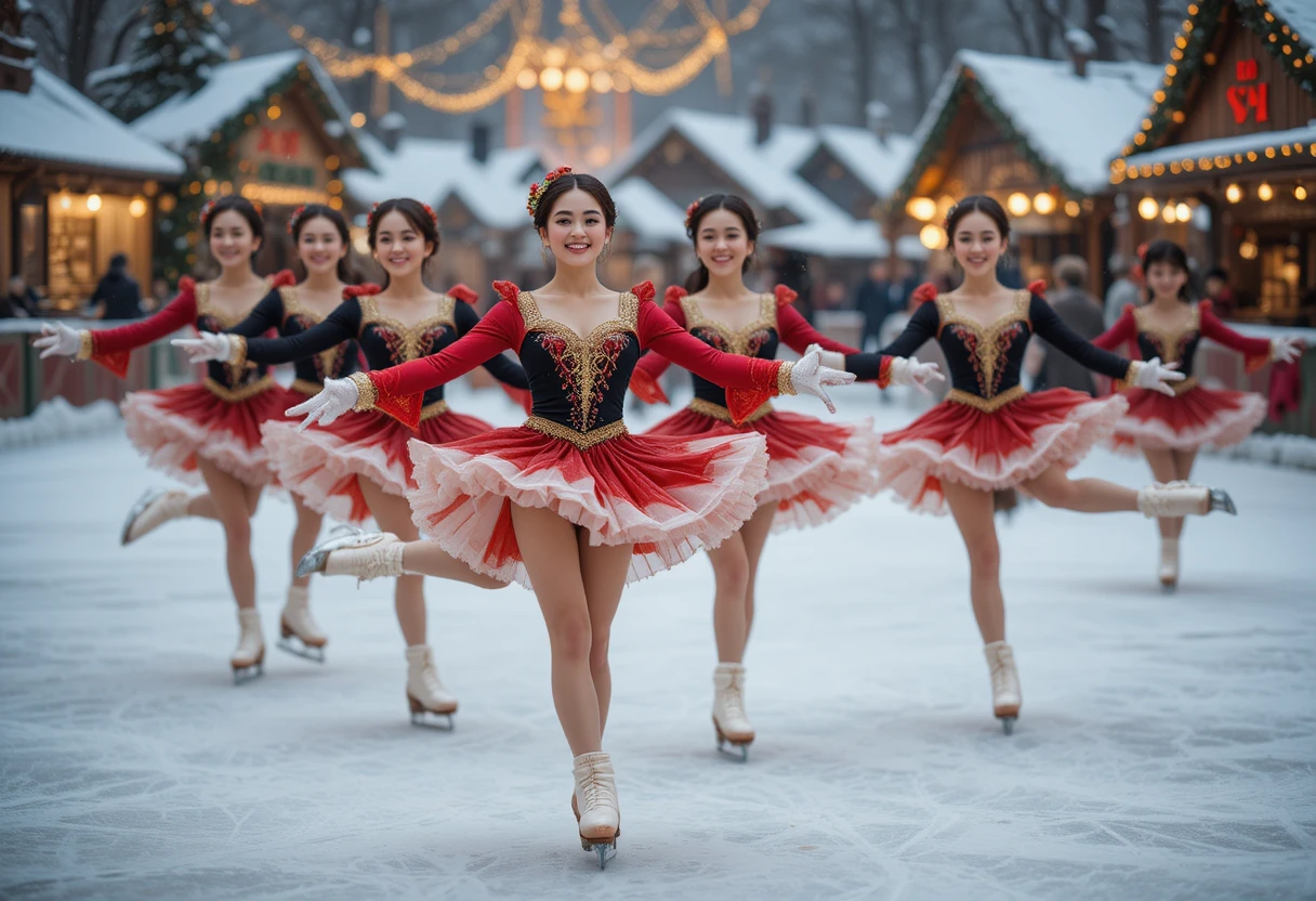 Young skaters in vintage costumes kicking in unison outdoors
