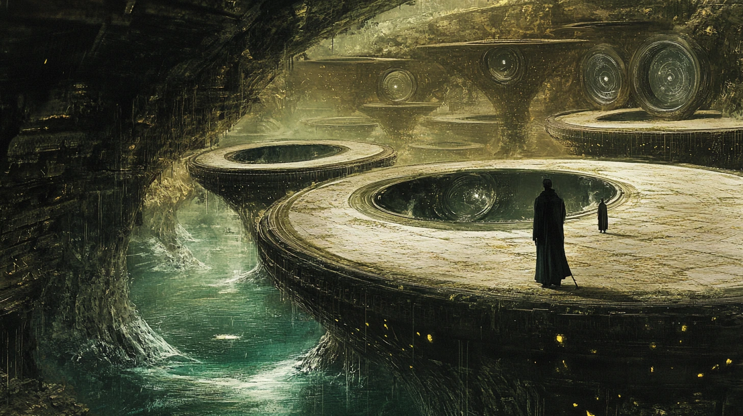 Mystical ferryman along a spiraling clockwork river