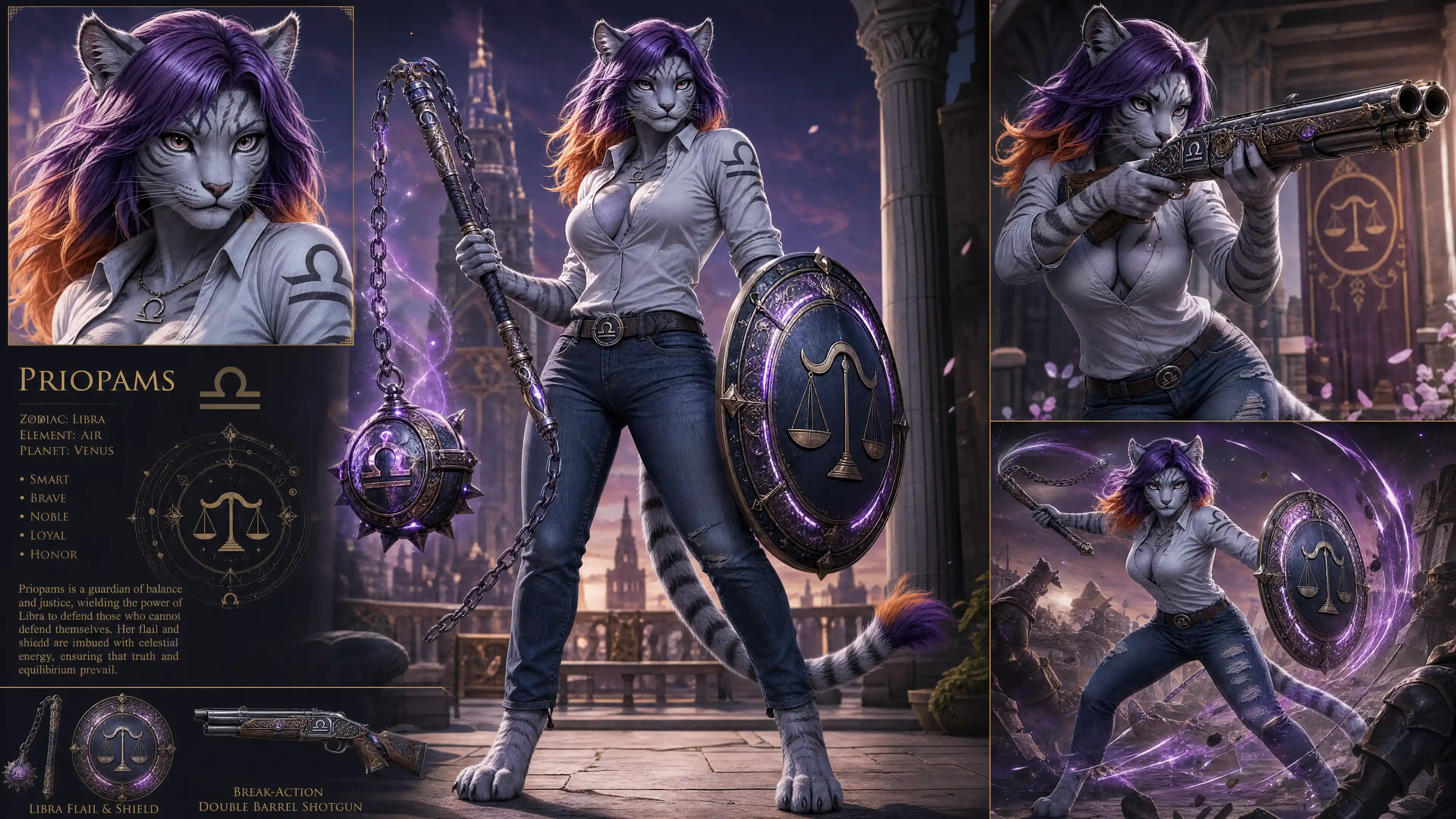Anthro silver tiger woman with flail shield and shotgun