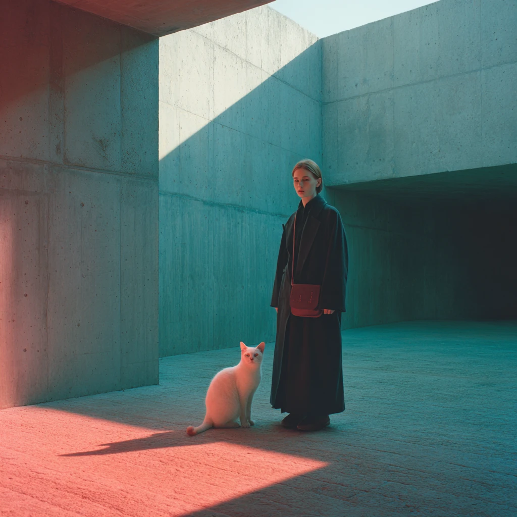 Woman and white cat in a minimalist concrete courtyard
